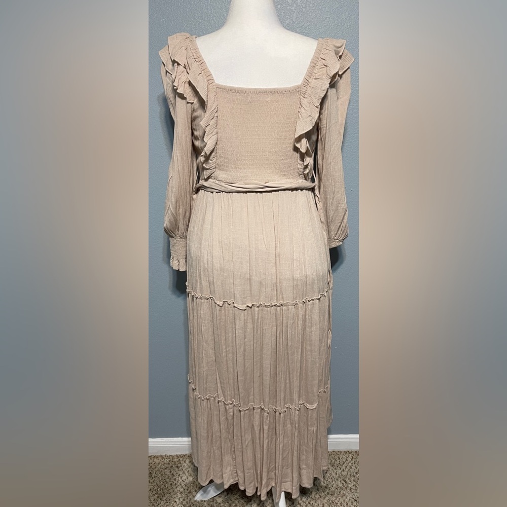 In Loom Smocked Ruffle Strap Maxi Dress Beige Prairie Cottagecore Boho Medium - Picture 4 of 8